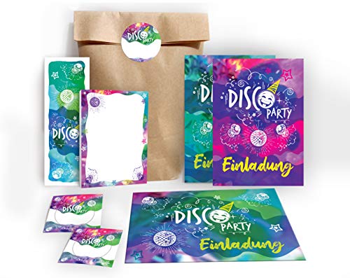 JuNa-Experten 12 Einladungskarten (6 x grün, 6 x rosa) zum Kindergeburtstag Mädchen Jungen Disco-Party incl. 12 Umschläge, 12 Tüten/natur, 12 Aufkleber, 12 Lesezeichen, 12 Blöcke von JuNa-Experten