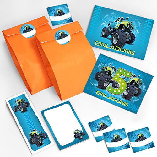JuNa-Experten 12 Einladungskarten 5. Geburtstag Kinder Junge Jungs Monster-Truck/Auto incl. 12 Umschläge, 12 Tüten/orange, 12 Aufkleber, 12 Lesezeichen, 12 Notizblöcke von JuNa-Experten