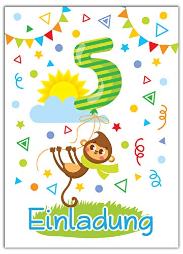 JuNa-Experten 12 Einladungskarten 5. Kindergeburtstag Junge Mädchen Tiere fünfte Geburtstag Geburtstagseinladungen Einladungen Geburtstagsparty Kartenset AFFE von JuNa-Experten