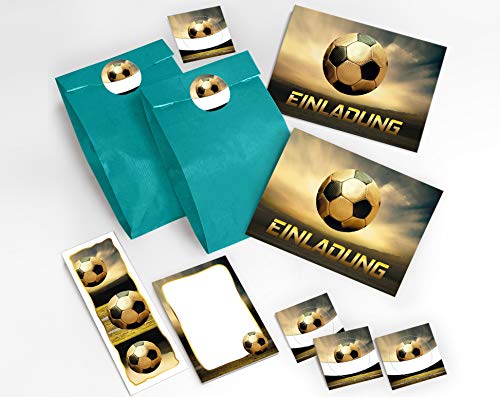 JuNa-Experten 12 Einladungskarten Kindergeburtstag Jungen Fussball Fußball incl. 12 Umschläge, 12 Tüten/blau, 12 Aufkleber, 12 Blöcke, 12 Lesezeichen von JuNa-Experten