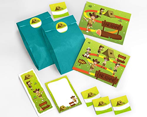 JuNa-Experten 12 Einladungskarten Kindergeburtstag Mädchen Junge Abenteuer-Party/Schatzsuche/Outdoor incl. 12 Umschläge, 12 Tüten/petrol, 12 Aufkleber, 12 Lesezeichen, 12 Blöcke von JuNa-Experten