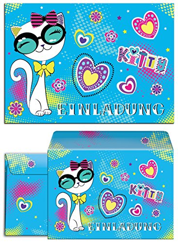 JuNa-Experten 12 Einladungskarten incl. 12 Umschläge Geburtstag Kinder Katze für Mädchen Einladungen Kindergeburtstag Geburtstagseinladungen Set Kartenset von JuNa-Experten