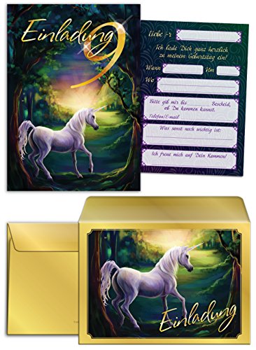 JuNa-Experten 12 Einladungskarten incl. 12 Umschläge zum 9. Kindergeburtstag Mädchen Einhorn/Einladung Geburtstag/Unicorn/Prinzessinparty/schöne und bunte Karten (12 Karten + 12 Umschläge) von JuNa-Experten