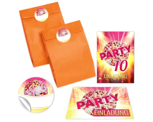 JuNa-Experten 12 Einladungskarten zum 10. Kindergeburtstag Mädchen Disco VIP Einladung zehnte Geburtstag incl. 12 Umschläge, 12 Partytüten/orange, 12 Aufkleber von JuNa-Experten