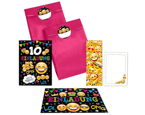 JuNa-Experten 12 Einladungskarten zum 10. Kindergeburtstag Mädchen Jungen Einladungen zehnte Geburtstag incl. 12 Umschläge, 12 Partytüten/pink, 12 Aufkleber, 12 Lesezeichen, 12 Mini-Notizblöcke von JuNa-Experten