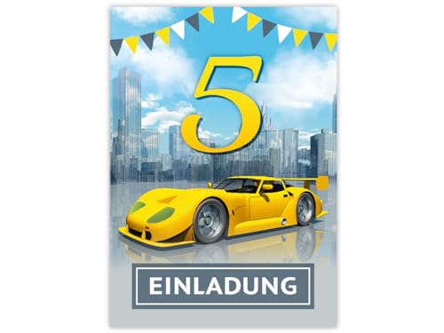 JuNa-Experten 12 Einladungskarten zum 5. Kindergeburtstag Jungen Rennauto Auto Einladungen fünfte Geburtstag von JuNa-Experten