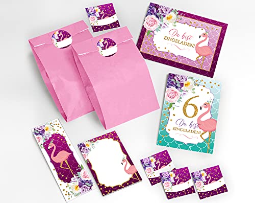 JuNa-Experten 12 Einladungskarten zum 6. Kindergeburtstag Mädchen Flamingo Einladungen zum sechsten Geburtstag incl. 12 Umschläge, 12 Tüten / Hellrosa, 12 Aufkleber, 12 Lesezeichen, 12 Blöcke von JuNa-Experten