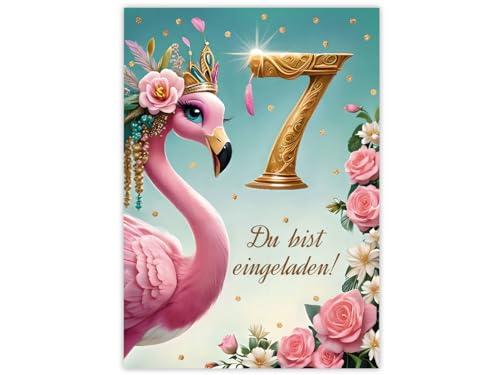 JuNa-Experten 12 Einladungskarten zum 7. Kindergeburtstag Mädchen Flamingo coole bunte Einladungen siebte Geburtstag Mädchengeburtstag von JuNa-Experten