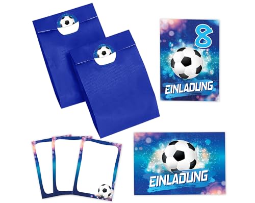 JuNa-Experten 12 Einladungskarten zum 8. Kindergeburtstag Jungen Fußball Fussball Einladungen achte Geburtstag incl. 12 Umschläge, 12 Partytüten/blau, 12 Aufkleber, 12 Mini-Notizblöcke von JuNa-Experten
