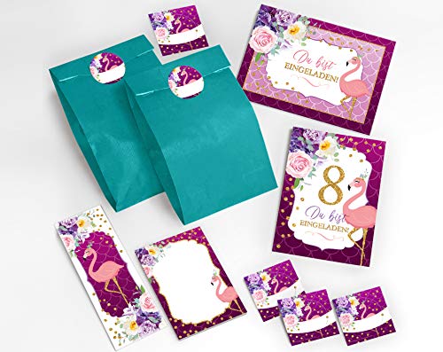 JuNa-Experten 12 Einladungskarten zum 8. Kindergeburtstag Mädchen Flamingo Einladungen zum achten Geburtstag incl. 12 Umschläge, 12 Tüten / blau, 12 Aufkleber, 12 Lesezeichen, 12 Blöcke von JuNa-Experten