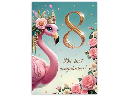 JuNa-Experten 12 Einladungskarten zum 8. Kindergeburtstag Mädchen Flamingo coole bunte Einladungen achte Geburtstag Mädchengeburtstag von JuNa-Experten
