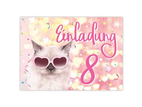 JuNa-Experten 12 Einladungskarten zum 8. Kindergeburtstag Mädchen Katze Tiere coole Einladungen achte Geburtstag Mädchengeburtstag von JuNa-Experten