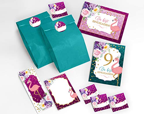 JuNa-Experten 12 Einladungskarten zum 9. Kindergeburtstag Mädchen Flamingo Einladungen zum neunten Geburtstag incl. 12 Umschläge, 12 Tüten/blau, 12 Aufkleber, 12 Lesezeichen, 12 Blöcke von JuNa-Experten