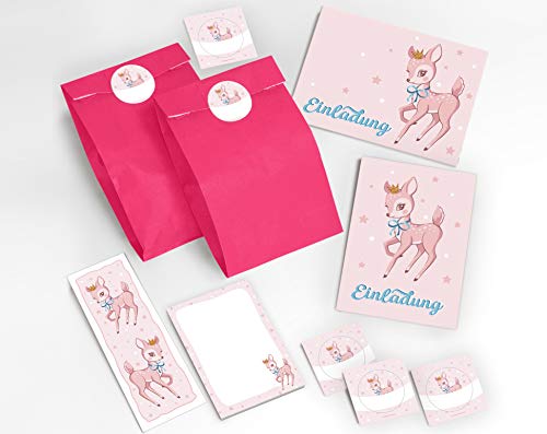 JuNa-Experten 12 Einladungskarten zum Kindergeburtstag Mädchen Bambi incl. 12 Umschläge, 12 Tüten/rosa, 12 Aufkleber, 12 Lesezeichen, 12 Blöcke von JuNa-Experten