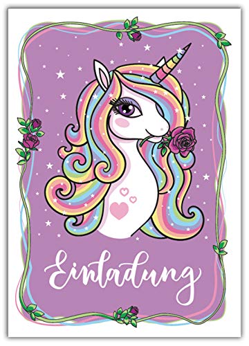 JuNa-Experten 12 Einladungskarten zum Kindergeburtstag Mädchen Einhorn mit Blume Einladungen zum Geburtstag von JuNa-Experten