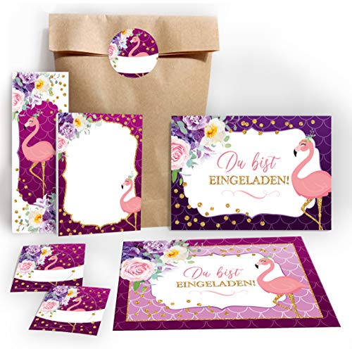 JuNa-Experten 12 Einladungskarten zum Kindergeburtstag Mädchen Flamingo lila Einladungen zum Geburtstag incl. 12 Umschläge, 12 Tüten / Natur, 12 Aufkleber, 12 Lesezeichen, 12 Blöcke von JuNa-Experten