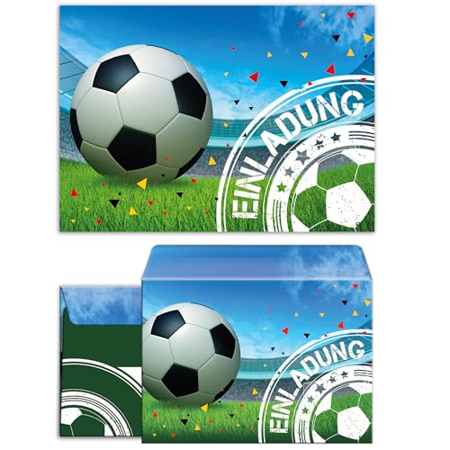 JuNa-Experten 12 Einladungskarten zum Kindergeburtstag für Junge Fussball incl. 12 Umschläge/Fußball Party/bunte Einladungen zum Geburtstag (12 Karten + 12 Umschläge) von JuNa-Experten