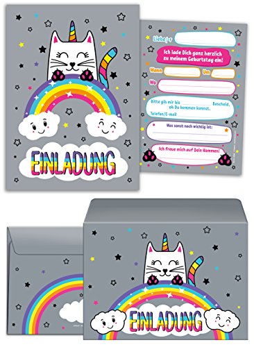 JuNa-Experten 12 Einladungskarten zum Kindergeburtstag für Mädchen Katze-Einhorn incl. 12 Umschläge/Einladungen/schöne und bunte Geburtstagseinladungen (12 Karten + 12 Umschläge) von JuNa-Experten