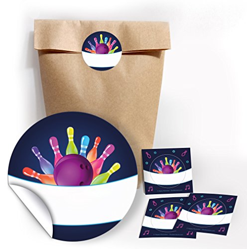 JuNa-Experten 12 Geschenktüten/Natur + 12 Aufkleber Bowling neon für Geschenke Mitgebseln beim Kindergeburtstag / Papierbeutel für Gastgeschenk mit Sticker von JuNa-Experten