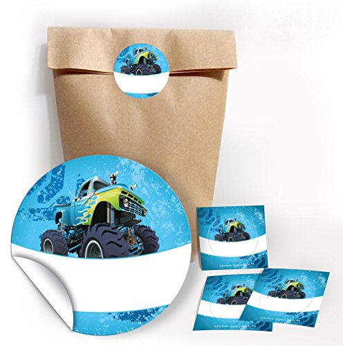 JuNa-Experten 12 Geschenktüten/Natur + 12 Aufkleber Monster-Truck/blau für Geschenke Mitgebseln beim Kindergeburtstag/Papierbeutel für Gastgeschenk mit Sticker von JuNa-Experten