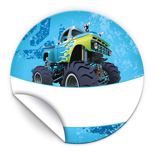 JuNa-Experten 48 Aufkleber Monster-Truck / blau für Geschenkverpackung / Sticker für Verpackung von Gastgeschenk Mitgebsel / Kindergeburtstag / Party-Deko von JuNa-Experten