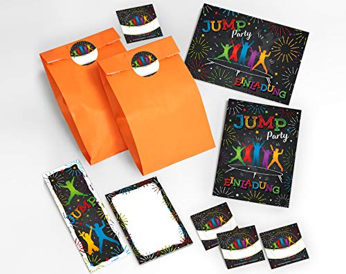 JuNa-Experten 6 Einladungskarten Kindergeburtstag Jump Trampolin Mädchen Junge incl. 6 Umschläge, 6 Tüten/orange, 6 Aufkleber, 6 Lesezeichen, 6 Blöcke von JuNa-Experten