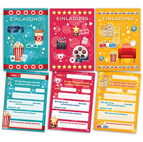 JuNa-Experten 6 Einladungskarten Kindergeburtstag Mädchen Jungen Kino Jungs Geburtstagseinladungen Einladungen Geburtstags Party Kartenset (2 x blau, 2 x pink, 2 x gelb) von JuNa-Experten