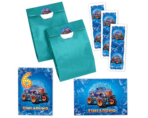 JuNa-Experten 6 Einladungskarten zum 6. Kindergeburtstag Jungen Auto Monster-Truck Einladungen sechste Geburtstag incl. 6 Umschläge, 6 Partytüten/petrol, 6 Aufkleber, 6 Lesezeichen von JuNa-Experten