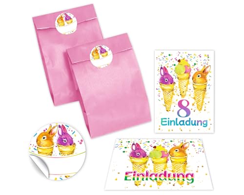 JuNa-Experten 6 Einladungskarten zum 8. Kindergeburtstag Mädchen Jungen Kaninchen Einladung achte Geburtstag incl. 6 Umschläge, 6 Partytüten/rosa, 6 Aufkleber von JuNa-Experten