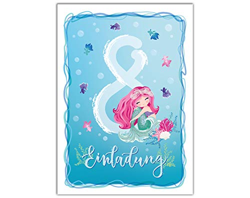 JuNa-Experten 6 Einladungskarten zum 8. Kindergeburtstag Meerjungfrau Einladungen achte Geburtstag Mädchen von JuNa-Experten