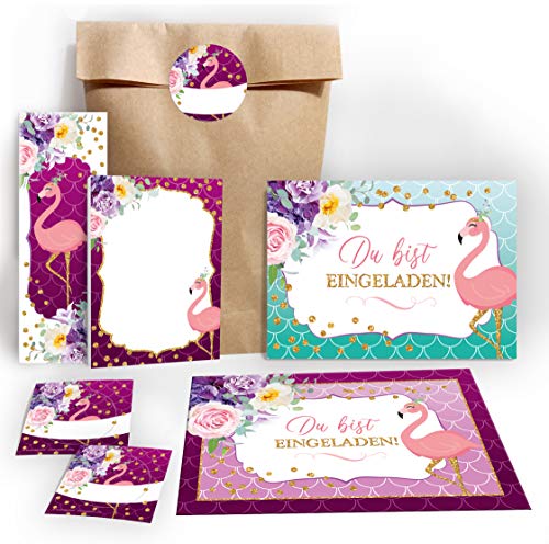 JuNa-Experten 6 Einladungskarten zum Kindergeburtstag Mädchen Flamingo grün Einladungen zum Geburtstag incl. 6 Umschläge, 6 Tüten/natur, 6 Aufkleber, 6 Lesezeichen, 6 Blöcke von JuNa-Experten