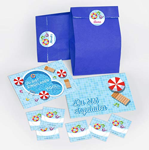 JuNa-Experten 6 Einladungskarten zum Kindergeburtstag Schwimmbad Party/Pool Party/schöne und bunte Einladungen incl. 6 Umschläge, 6 Party-Tüten/dunkelblau, 6 Aufkleber von JuNa-Experten