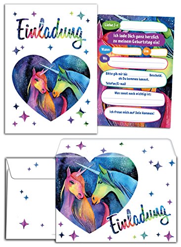 JuNa-Experten 6 Einladungskarten zum Kindergeburtstag für Mädchen Einhorn incl. 6 Umschläge / Unicorn / Zwei Einhörner / Einladungen / schöne und Bunte Geburtstagseinladungen von JuNa-Experten