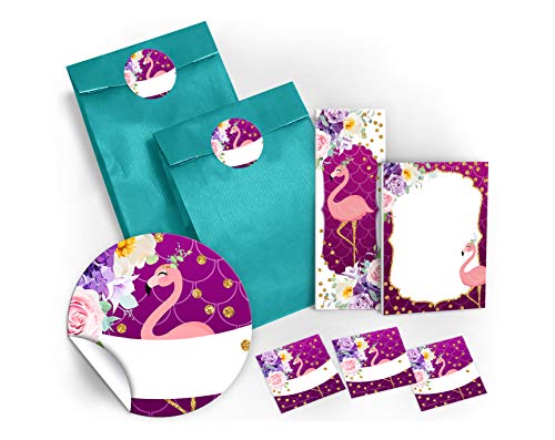 JuNa-Experten 6 Lesezeichen + 6 Mini-Notizblöcke + 6 Geschenktüten / blau + 6 Aufkleber Flamingo Mitgebsel Gastgeschenk beim Kindergeburtstag Mädchen von JuNa-Experten