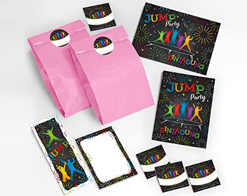 JuNa-Experten 8 Einladungskarten Kindergeburtstag Jump Trampolin Mädchen Junge incl. 8 Umschläge, 8 Tüten/Hellrosa, 8 Aufkleber, 8 Lesezeichen, 8 Blöcke von JuNa-Experten