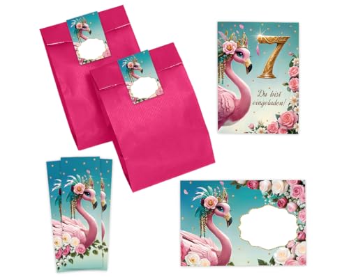 JuNa-Experten 8 Einladungskarten zum 7. Kindergeburtstag Mädchen Flamingo coole bunte Einladungen siebte Geburtstag Mädchengeburtstag incl. 8 Umschläge, 8 Partytüten/pink, 8 Aufkleber, 8 Lesezeichen von JuNa-Experten