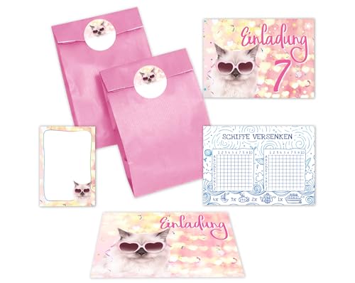 JuNa-Experten 8 Einladungskarten zum 7. Kindergeburtstag Mädchen Katze Tiere Einladung siebte Geburtstag incl. 8 Umschläge, 8 Tüten/rosa, 8 Aufkleber, 8 Blöcke, 8 Schiffe versenken von JuNa-Experten