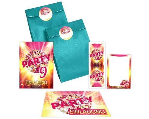 JuNa-Experten 8 Einladungskarten zum 9. Kindergeburtstag Mädchen Disco VIP Einladung neunte Geburtstag incl. 8 Umschläge, 8 Partytüten/petrol, 8 Aufkleber, 8 Lesezeichen, 8 Mini-Notizblöcke von JuNa-Experten