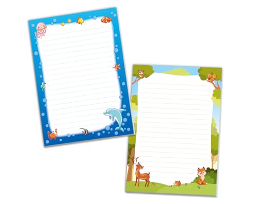 JuNa-Experten Schreibblock Blöcke Kindermotiv Tiere Notizblöcke mit Linien für Mädchen Jungen Briefblock Notizblock liniert 2er Set (2 Blöcke: Delfin, Fuchs mit je 25 Blätter in A5-Format) von JuNa-Experten