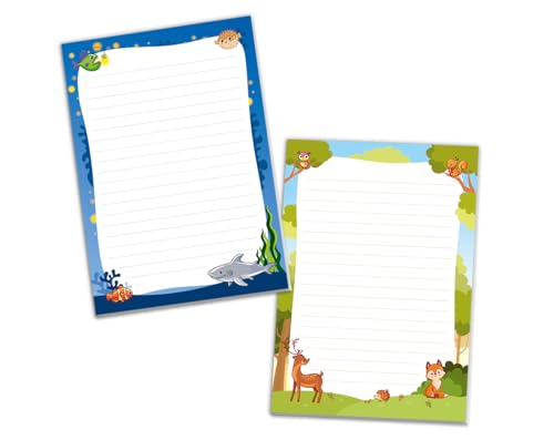 JuNa-Experten Schreibblock Blöcke Kindermotiv Tiere Notizblöcke mit Linien für Mädchen Jungen Briefblock Notizblock liniert 2er Set (2 Blöcke: Hai, Fuchs mit je 25 Blätter in A5-Format) von JuNa-Experten