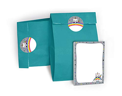 Mitgebsel Set aus 12 Geschenktüten / blau, 12 Aufkleber und 12 Mini-Notizblöcke Einhorn-Katze / Geschenktüten für Gastgeschenke Kinder Mädchen beim Kindergeburtstag Geburtstag Kinderfest Party-Tüten von JuNa-Experten