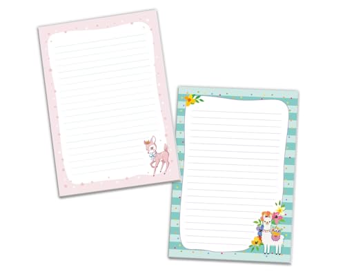 Schreibblock Blöcke Kindermotiv Tiere Notizblöcke mit Linien für Mädchen Briefblock Notizblock liniert 2er Set (2 Blöcke: Bambi, Lama mit je 25 Blätter in A5-Format) von JuNa-Experten