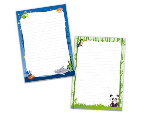 Schreibblock Blöcke Kindermotiv Tiere Notizblöcke mit Linien für Mädchen Jungen Briefblock Notizblock liniert 2er Set (2 Blöcke: Hai, Panda mit je 25 Blätter in A5-Format) von JuNa-Experten