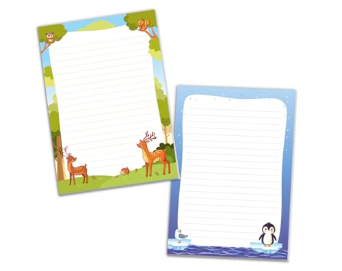 Schreibblock Blöcke Kindermotiv Tiere Notizblöcke mit Linien für Mädchen Jungen Briefblock Notizblock liniert 2er Set (2 Blöcke: Reh, Pinguin mit je 25 Blätter in A5-Format) von JuNa-Experten