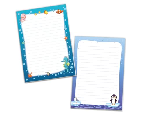 Schreibblock Blöcke Kindermotiv Tiere Notizblöcke mit Linien für Mädchen Jungen Briefblock Notizblock liniert 2er Set (2 Blöcke: Seepferd, Pinguin mit je 25 Blätter in A5-Format) von JuNa-Experten