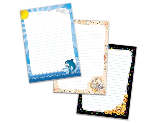 Schreibblock Blöcke Kindermotiv Tiere Notizblöcke mit Linien für Mädchen Jungen Briefblock Notizblock liniert 3er Set (3 Blöcke: Delfin, Waldtiere, Smiley mit je 25 Blätter in A5-Format) von JuNa-Experten