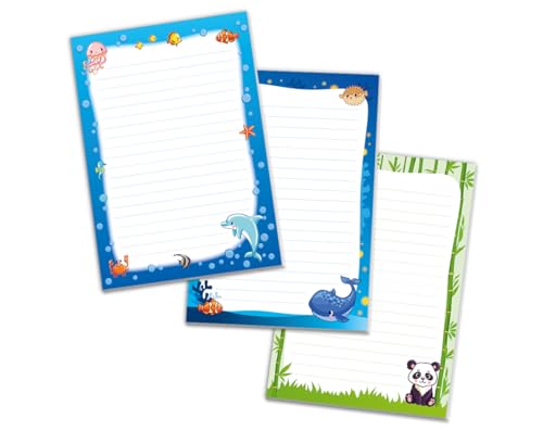 Schreibblock Blöcke Kindermotiv Tiere Notizblöcke mit Linien für Mädchen Jungen Briefblock Notizblock liniert 3er Set (3 Blöcke: Delfin, Wall, Panda mit je 25 Blätter in A5-Format) von JuNa-Experten