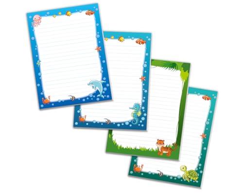 Schreibblock Blöcke Kindermotiv Tiere Notizblöcke mit Linien für Mädchen Jungen Briefblock Notizblock liniert 4er Set (4 Blöcke: Delfin, Seepferd, Tiger, Schildkröte mit je 25 Blätter in A5-Format) von JuNa-Experten