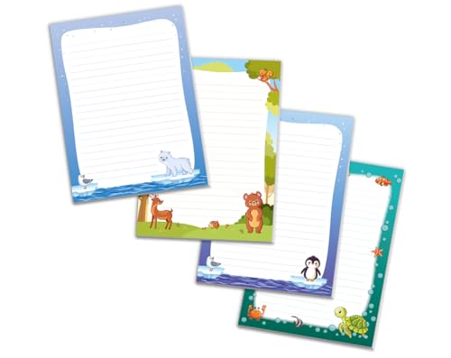 Schreibblock Blöcke Kindermotiv Tiere Notizblöcke mit Linien für Mädchen Jungen Briefblock Notizblock liniert 4er Set (4 Blöcke: Eisbär, Bär, Pinguin, Schildkröte mit je 25 Blätter in A5-Format) von JuNa-Experten
