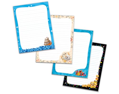 Schreibblock Blöcke Kindermotiv Tiere Notizblöcke mit Linien für Mädchen Jungen Briefblock Notizblock liniert 4er Set (4 Blöcke: Pirat, Waldtiere, Katzen, Smiley mit je 25 Blätter in A5-Format) von JuNa-Experten